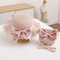 Pink straw sun hat and matching floral bow bag set for girls outdoor sun protection - Pink