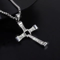 Macro detail of Fast & Furious Dominic Toretto style silver cross necklace with inlaid stones - Rhinestone Cross (O-Link Chain)