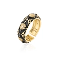 Macro view of Bohemian 18K gold plated ring with black enamel flower and zircon inlay - Adjustable Open / Black Clover Style (12639)