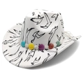 White cowboy hat with black bird prints and colorful bead trim decoration - Fedora Top White