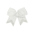 White grosgrain ribbon bow hair tie with scattered rhinestones and dense V-pattern - White
