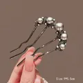 Pic à cheveux en métal noir avec perles grises et strass noirs, taille 9x5,5cm - Vague Noire avec Cinq Perles et Diamants (195) / 9x5.5cm
