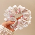 Floral fabric scrunchie with pink flowers and white lace trim in a variant style - Small Floral Lace 1#