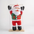 Hanging Santa Claus plush toy on a wooden swing with green vest and reindeer detail - Reindeer Suit Swing Style