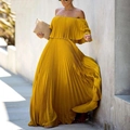 Elegant ginger yellow off-shoulder pleated chiffon maxi dress with a flowing silhouette - S / Dresses / Yellow