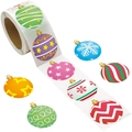 Detail view of colorful round Christmas ball stickers with snowflakes on a paper roll - Style B / 25mm/1 Inch