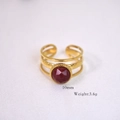 Detail of 14k gold plated layered ring with a 10mm red gemstone and 3.6g weight info - Rhodonite