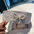Light gray summer sailor cap with lace bows, pearls, and pink blue plaid ribbon - M (56-58cm) / White Sailor Hat With Pearl Lace