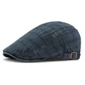 Classic dark blue checkered cotton flat cap with adjustable bronze metal buckle - Navy Blue