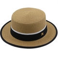 Flacher Strohhut mit dekorativem M-Buchstaben-Band und breiter Krempe für den Strand - M(56-58cm) / Khaki