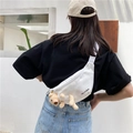 White canvas waist bag for women featuring a cute 3D plush bear and adjustable strap - White