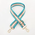 Detail of adjustable nylon bag strap with teal and white stripes and gold hardware - Teal