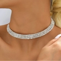 Three-row silver bridal choker necklace with high-shine rhinestones on model - 3-Row Rhinestone Choker