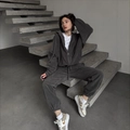 Dark grey fleece tracksuit featuring hooded zip-up sweatshirt and casual joggers - S / Gray