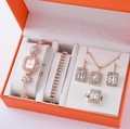 6-teiliges roségoldenes Uhren- und Schmuckset mit Kristallblumen in einer Geschenkbox - Roségold Transparentes Rechteck Set (Ohne Box)