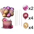Detail of sequin and metallic gold balloon cake topper set with straws and ribbons - 2 Rose Red Sequin + 4 Metallic Rose Red + 4 Metallic Gold Balloons