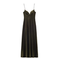 Olive green satin long slip dress with thin straps and cup structure on white background - XS / Army Green