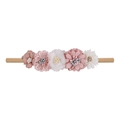 Infant floral headband with five fabric roses and rhinestones on soft nylon band - Style 22