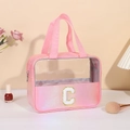 Borsa da trucco laser olografica rosa con grande capacità e ricamo a lettera C - Lettera C / Pesca