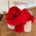 Chunky solid red fuzzy scarf with long tassels made of soft brushed mohair wool - 230*35cm / 18# Bright Red