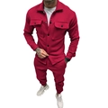 Men's dark red two-piece casual suede jacket and matching jogger pants set - S / Red