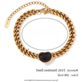 18K vergoldetes 316L Edelstahl Curb-Armband mit einem Herzanhänger für Damen - Panzerkette Schwarzer Achat Herz Armband - Gold
