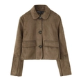 Women's brown cropped suede jacket with lapel collar and buttons on white background - XS / Brown