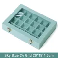 Sky blue 24-grid velvet jewelry box with glass lid and silver metal buckles - 24 Grids / Sky Blue