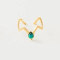 Detail of vintage gold wave bangle featuring a teardrop turquoise gemstone and dot relief - Adjustable Open / Slim Green Stone