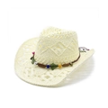 Detail of cream straw cowboy hat featuring hollow diamond patterns and colorful bead band - M(56-58cm) / Creamy White
