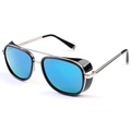 Gafas de sol aviador steampunk con lentes de espejo azules y protectores laterales negro plata - Marco Negro Lente de Espejo Azul