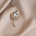 Luxury gold alloy brooch with crystal leaves and a white pearl drop on champagne silk - 543# White