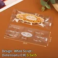 Set of 100 clear plastic packaging bags with white text for cookies 5.5x15cm - White English Text / Pack of 100