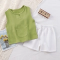 Kids sage green sleeveless top and white gauze shorts two-piece cotton summer pajama set - 80 / Green + White
