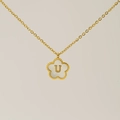 Titanium steel necklace with 18K gold five-petal flower shell pendant featuring letter U - Letter U