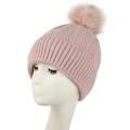 Women's warm knit beanie with faux fur pom pom and thickened herringbone pattern lining - L(58-60cm) / Pink