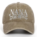 Close-up of white Nana floral embroidery on khaki washed cotton baseball cap - Khaki