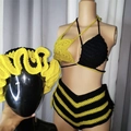 Handmade crochet bikini set in yellow and black including halter top, shorts, and hat - Adult Free Size / Yellow Black (Hat, Bikini)