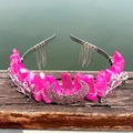Elegant silver crown headband with natural pink crystal pillars and moon branch details - Rose Red
