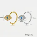 Golden and silver evil eye hoop earrings with blue stones and zircon inlay, 14mm size - Eye Hook Earrings-KE22722 / Silver