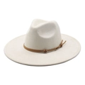 Classic cream wide brim felt fedora hat with a vintage brown leather band decoration - M(56-59CM) / Beige (Suede)