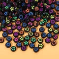 Colorful mixed patterns on black acrylic round beads for DIY jewelry making and crafts - 4*7mm Black Fluorescent Star And Moon (100 Pieces)