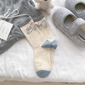 Cute beige cartoon dog mid-calf socks with grey accents and pink pom-poms for women - Color Block Plush Ball Style / Dot Yarn Puppy