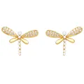 Elegant gold dragonfly stud earrings featuring sparkling crystals and white pearls - Dragonfly Pearl Zircon Studs / Gold