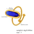 18k gold-plated stainless steel twisted open ring with blue oval Czech glass stone - US 7 / Blue