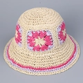 Close-up of handmade crochet straw hat with pink floral embroidery and scalloped edges - Beige with Pink Flowers
