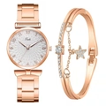 Detail of rose gold watch and star pendant bracelet set with crystal accents - Watch + Bracelet Set / White