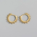 Detail shot of gold hoop earrings with beaded sunray design and polished metal finish - Beaded Round Hoop Earrings (S-E1499) / Gold