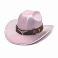 Close-up of pink metallic cowboy hat featuring brown leather band and silver bull head icon - Light Pink / M(56-58cm)