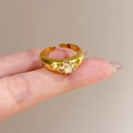 Adjustable golden open ring featuring five sparkling transparent zircon flower petals - Five Star Flower